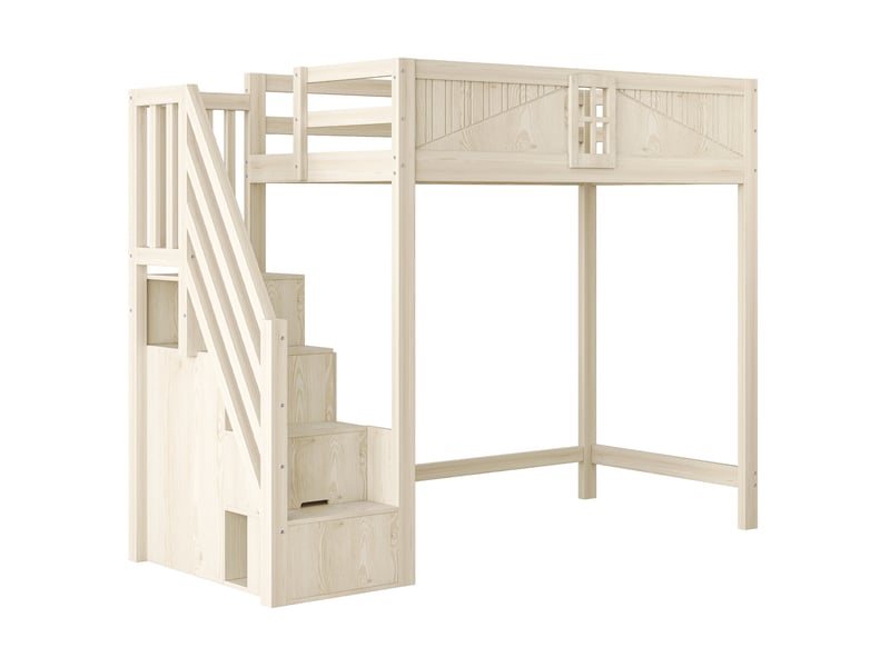  Lit mezzanine enfant 90x200 cm – bois naturel – échelle réversible, rangement latéral - sans matelas  - Conforama D