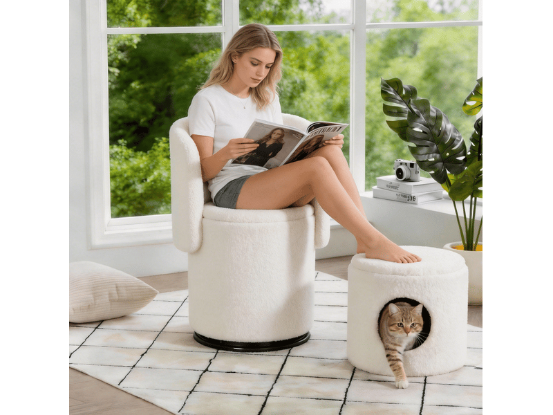 Fauteuil pivotant avec rangement en tissu teddy blanc 75 × 42 × 52 cm - Conforama D