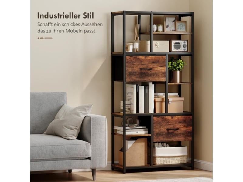  Étagère de rangement 9 compartiments, 2 tiroirs en tissu, cadre en acier, marron et noir  - Conforama B