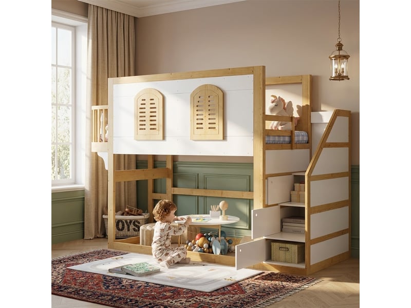  Lit mezzanine enfant 90x200cm en bois massif, escalier rangement, fenêtres et aire de jeu  - Conforama C