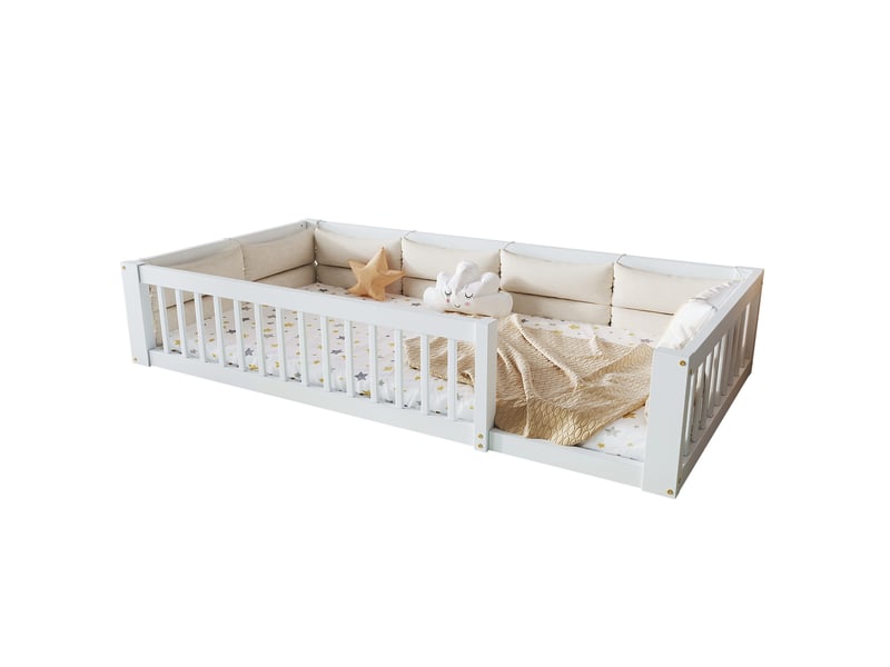  Lit adulte 90x200 avec barrière de sécurité coussins bois massif blanc chambre homvra  - Conforama A