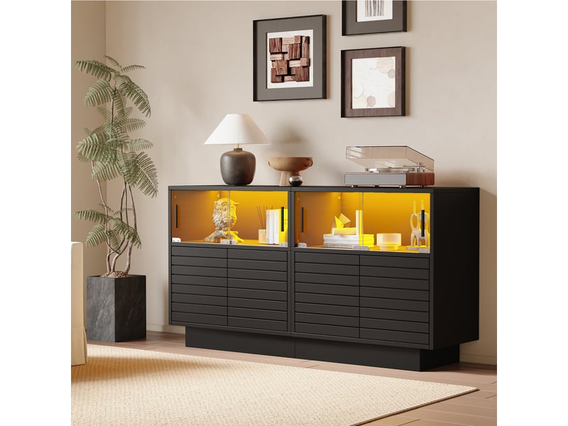  Buffet noir 130x35x68 cm avec 4 portes vitres coulissantes et éclairage led intégré panneau de particules  - Conforama W