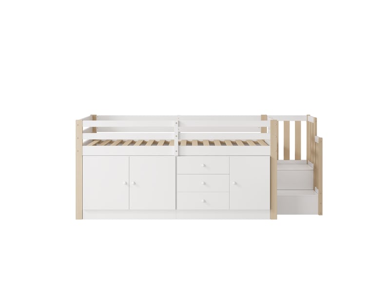 Lit mezzanine enfant 90×200 cm escalier, tiroirs, 2 placards et penderie - sans matelas, mdf - blanc  - Conforama C
