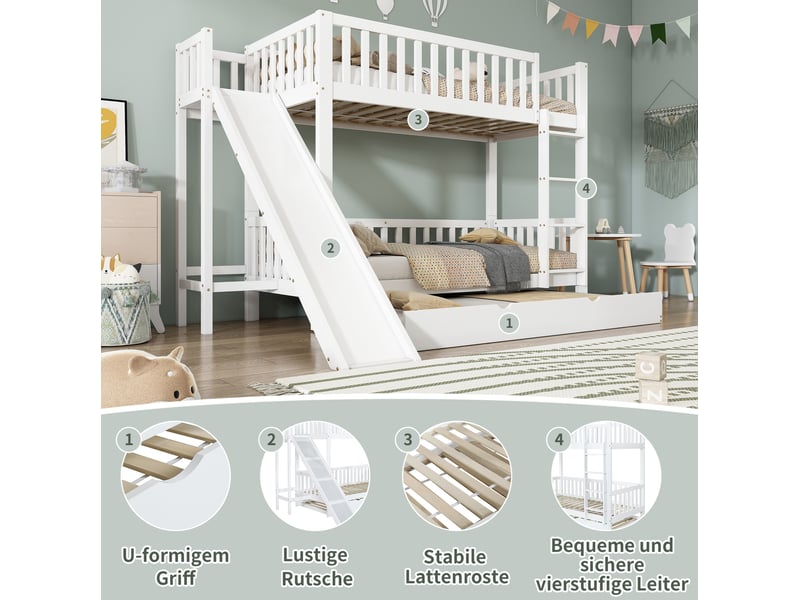  Lit superposé avec lit gigogne, 90x200 cm 90x190 cm, avec toboggan et échelle droite 4 marches, bois, mdf, blanc, sans matelas  - Conforama E