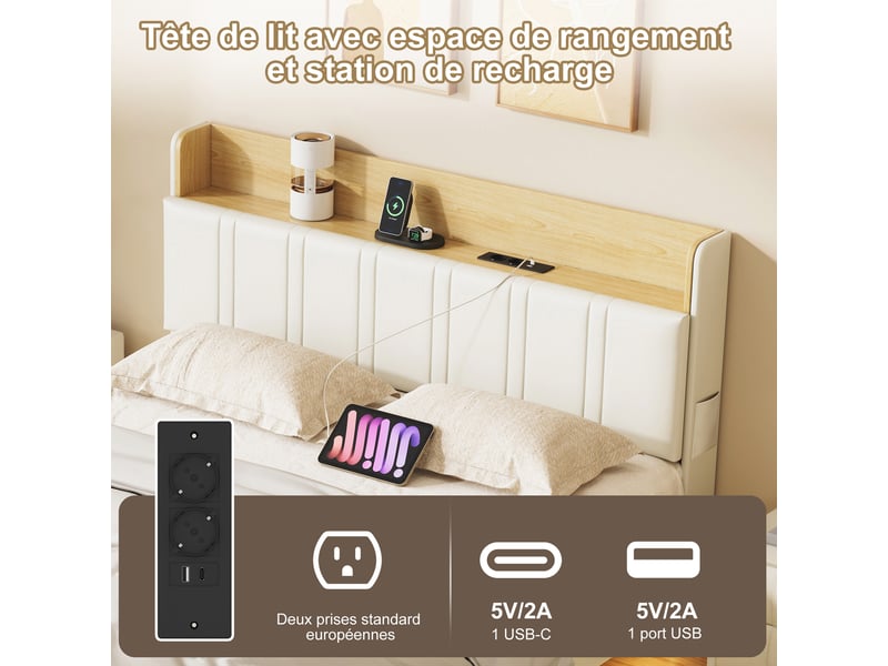 Kefsr lit adulte 160x200 cm avec sommier et led, cadre de lit double 2 places avec rangement et prises usb, lit suspendu 160x200 cm similicuir blanc - Conforama R