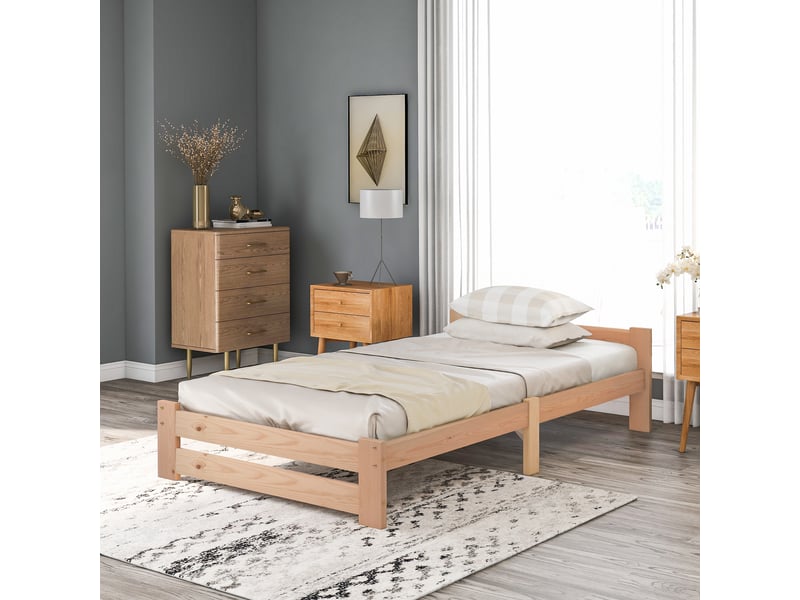 Lit simple 90x200 cm, solide lit en bois massif en avec tête de lit et sommier à lattes, naturel, lit adulte - Conforama R
