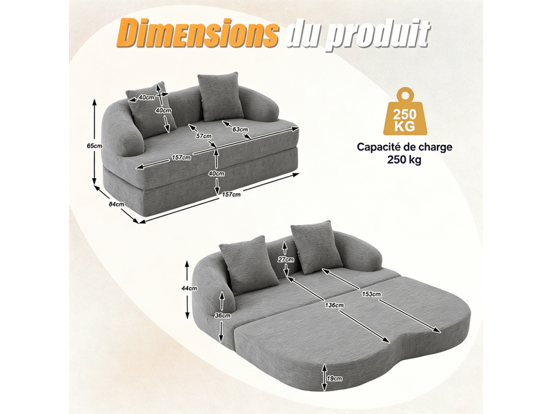 Canapé d'angle 2-en-1, 2 places, avec deux coussins, canapé-lit, 157 x 84 x 65 cm, gris - Conforama C