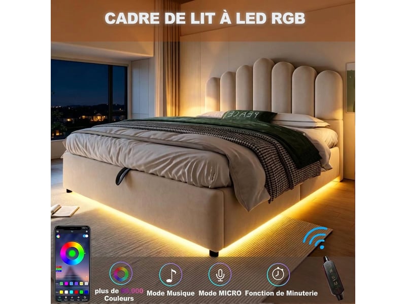  Lit coffre 140x200 velours beige avec tête de lit capitonnée et éclairage led sans matelas  - Conforama D