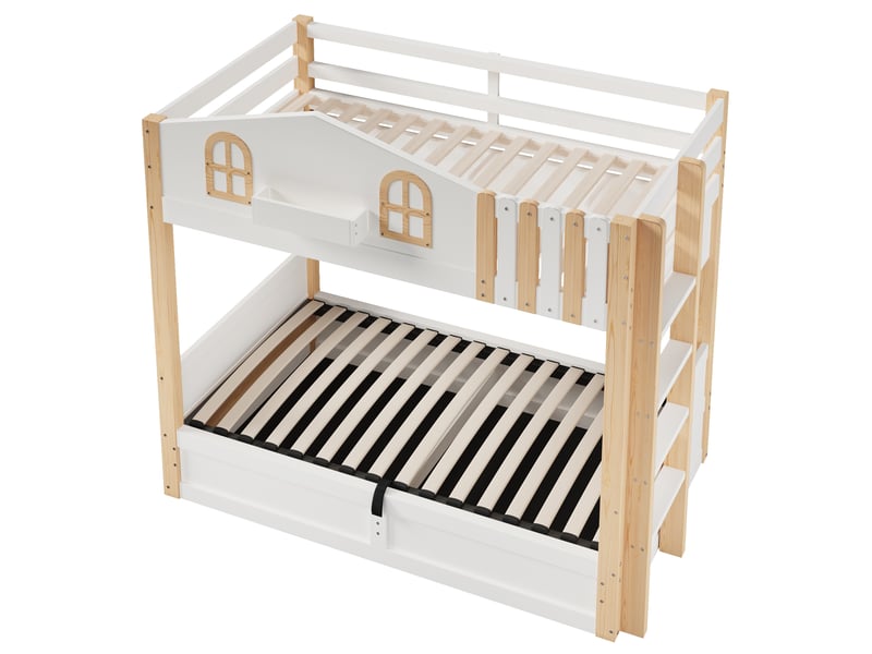  Lit superposé blanc et naturel 90 × 200 cm, led, rangement hydraulique et style maison  - Conforama D
