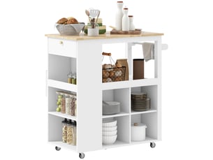 Chariot de cuisine avec étagères réglables, porte-couteaux et plateau en bois, 86,5 x 47 x 88 cm, blanc
