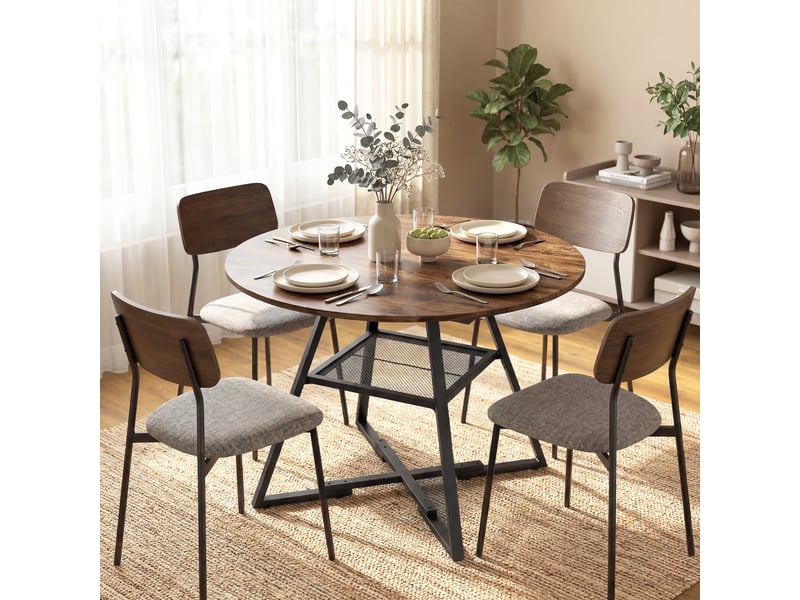  Table à manger ronde pour 4 personnes, 100 cm, style industriel, avec étagère, plateau aspect bois, marron rustique  - Conforama C