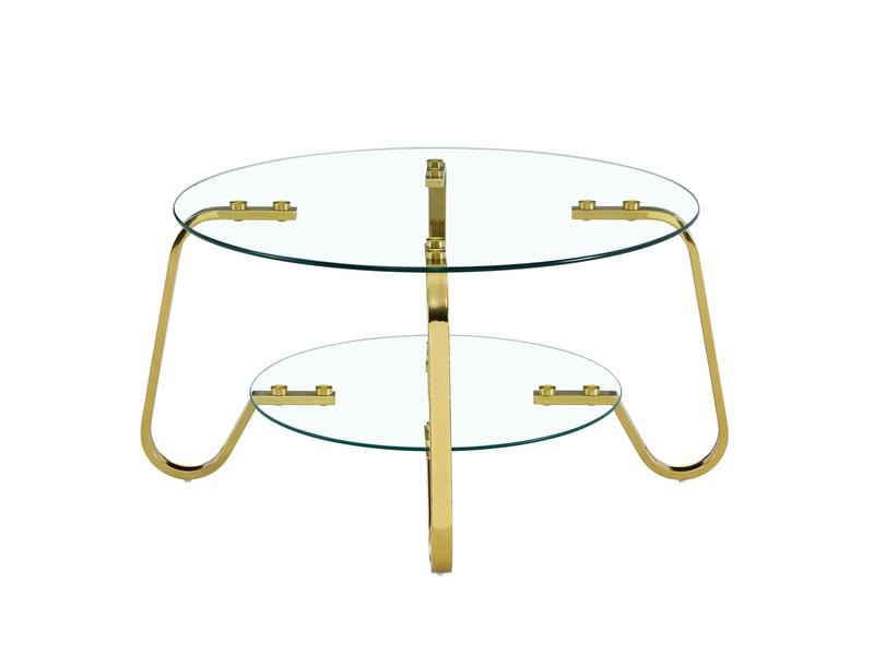  Table basse avec 2 niveaux en verre trempé transparent, structure métal doré, rangement ouvert, style élégant salon  - Conforama A