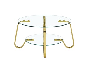 Table basse avec 2 niveaux en verre trempé transparent, structure métal doré, rangement ouvert, style élégant salon