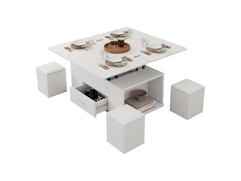  Table basse réglable en hauteur, table d'appoint mobile, table basse multifonctionnelle 4 en 1 transformable en table de salonsalle à manger, table basse avec tiroirs, avec 4 tabourets, blanche 100x50x45cm - Conforama E