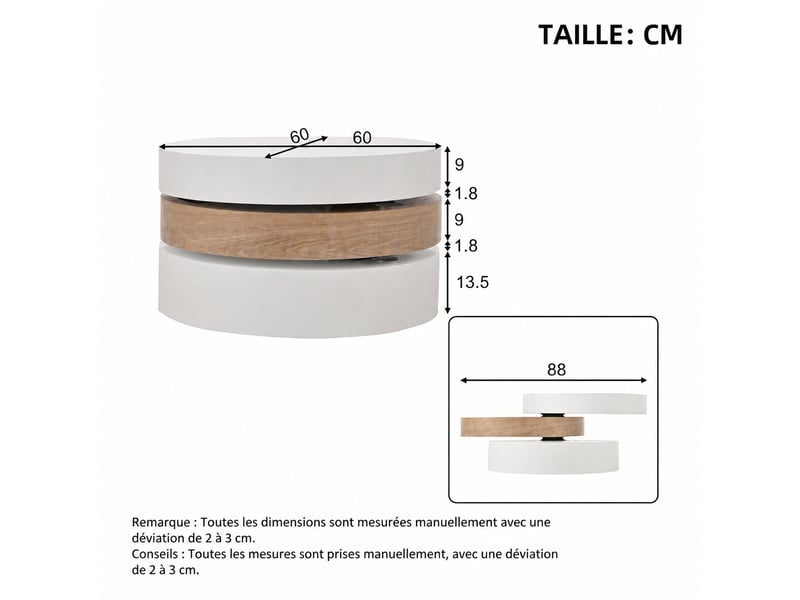  Table basse ronde pivotante à 360 degrés avec rangement caché, 3 plateaux, extensible jusqu'à 88 cm, blanc et bois  - Conforama D