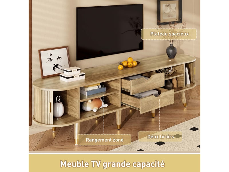  Meuble tv avec portes coulissantes 175 cm, banc tv couleur chêne avec pieds dorés, style rustique et naturel pour salon  - Conforama R