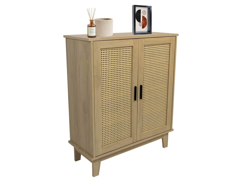 Commode 2 portes et 3 étagères cannage bois naturel 80 x 34 x 96 cm 62106 - Conforama D