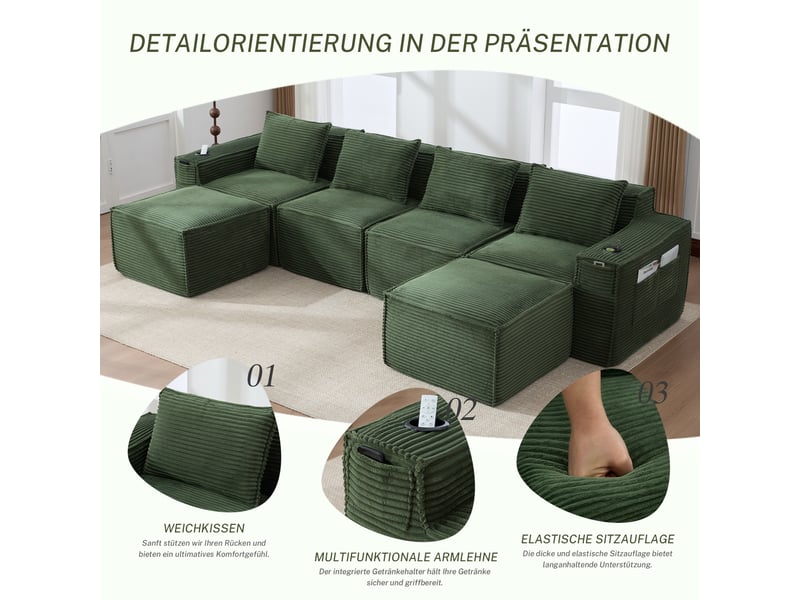  Canapé modulaire en velours - 4 places avec 2 poufs - velours côtelé vert - dimensions 330x162x75cm - Conforama D