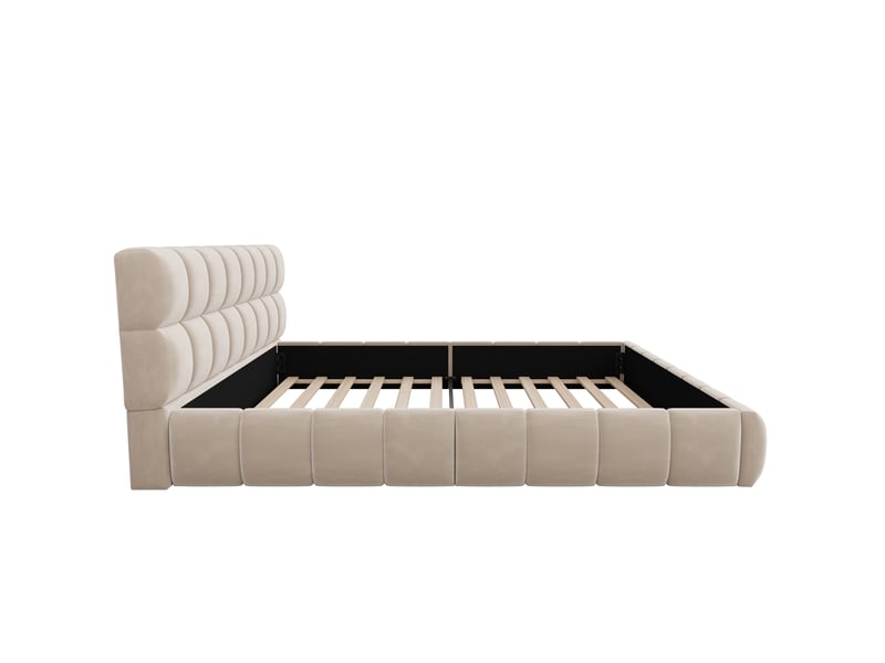  Lit double plateforme 180 × 200 cm en velours beige, tête de lit rembourrée, cadre bas et sommier à lattes Fay Lum - Conforama E