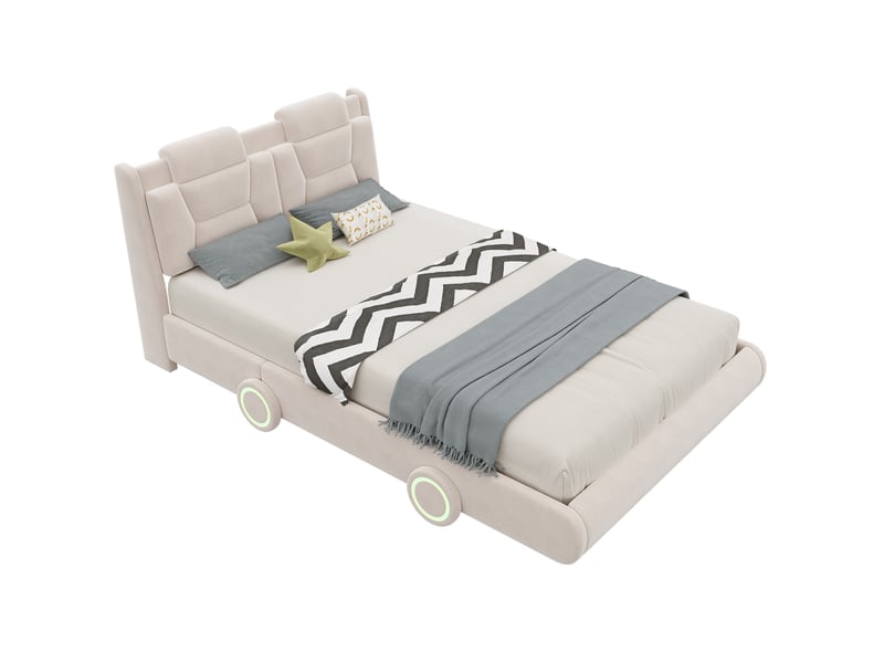Lit enfant rembourré modenvie en forme de voiture avec tête de lit réglable, flanelle beige crème, couchage 140 x 200 cm et roues lumineuses - Conforama A