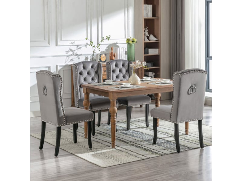  Lot de 4 chaises de salle à manger en velours gris avec pieds en chêne  - Conforama D