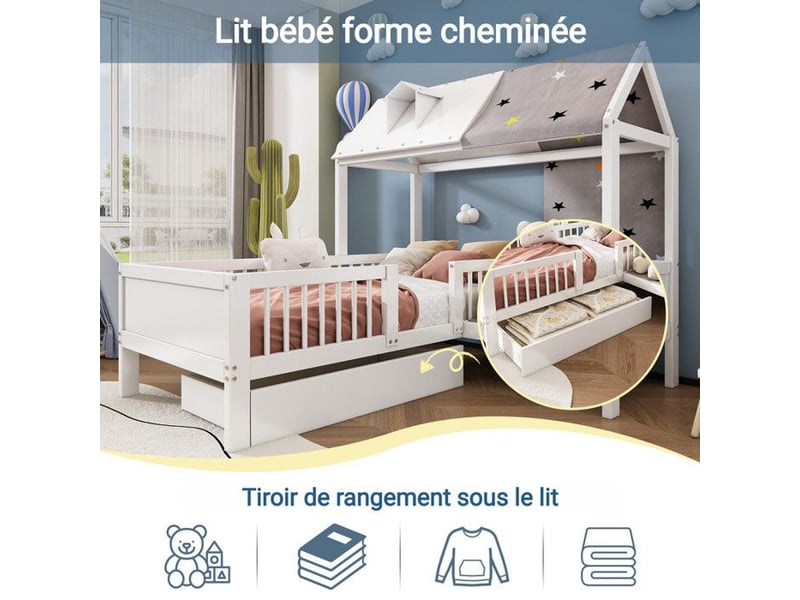  Lit enfant maison en bois - 90x200 cm - tiroirs de rangement - design créatif - sécurité enfant - certifié en747 blanc - Conforama C