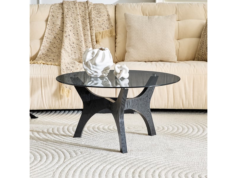  Table basse ronde moderne, plateau en verre, cadre en bois noir, ø80 cm, résistante chaleur et rayures  - Conforama B