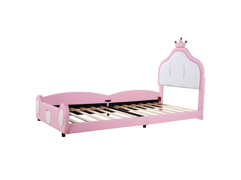  Lit enfant 90x200 capitonné princesse rose - tête de lit couronne simili cuir  - Conforama A