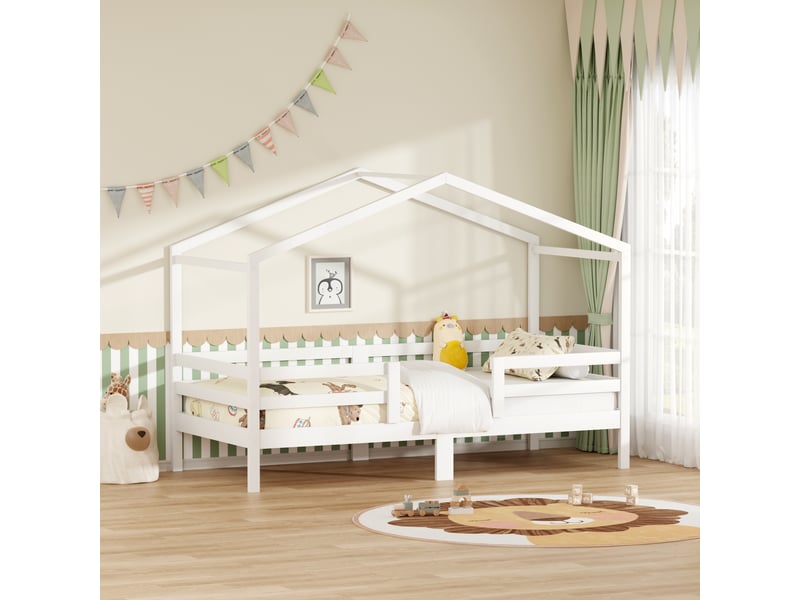  Lit cabane 90x200 cm, structure en pin massif, coloris blanc, ports usb et usb-c, garde-corps, design cabane, sommier à lattes inclus, cadre stable  - Conforama E