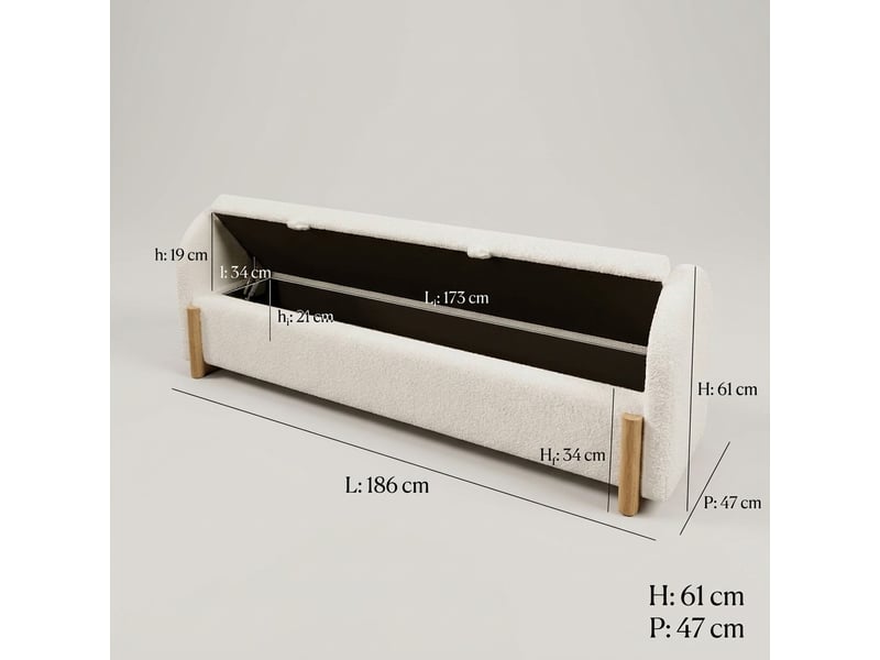  Banc de lit blanc 186 cm avec coffre, tissu bouclette et pieds en bois  - Conforama C
