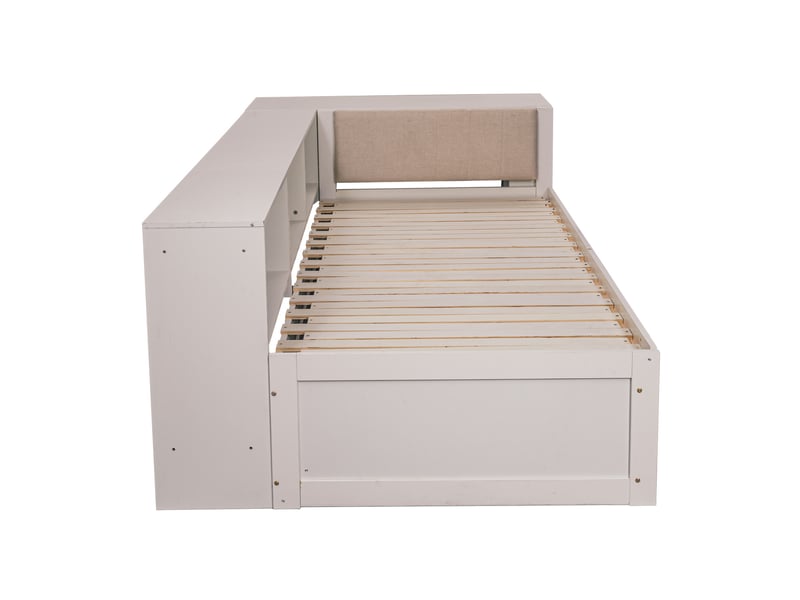 Lit banquette 90x200 extensible 180 cm, 3 en 1, avec sommier à lattes, tiroirs, tête de lit rembourrée, sans matelas - Conforama R