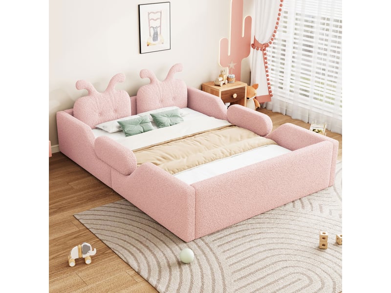  Lit enfant 90 x 200 cm, lit plateforme rembourré rose avec barrières de sécurité, tête de lit et coussin oreilles de lapin, cadre mdf et contreplaqué  - Conforama B