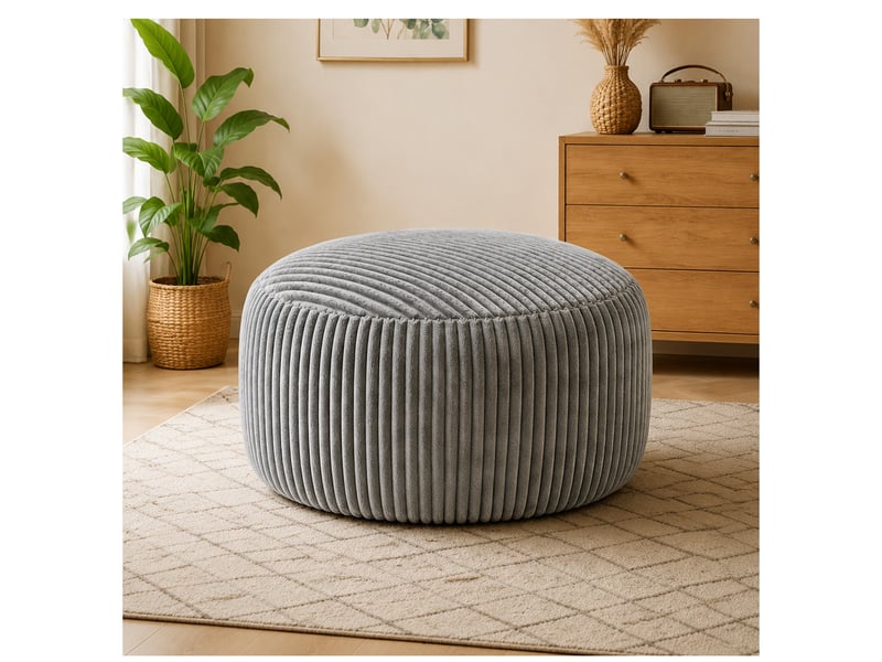 Fauteuil pouf rond avec rembourrage en mousse à mémoire de forme, assise moelleuse en velours côtelé gris clair - Conforama B