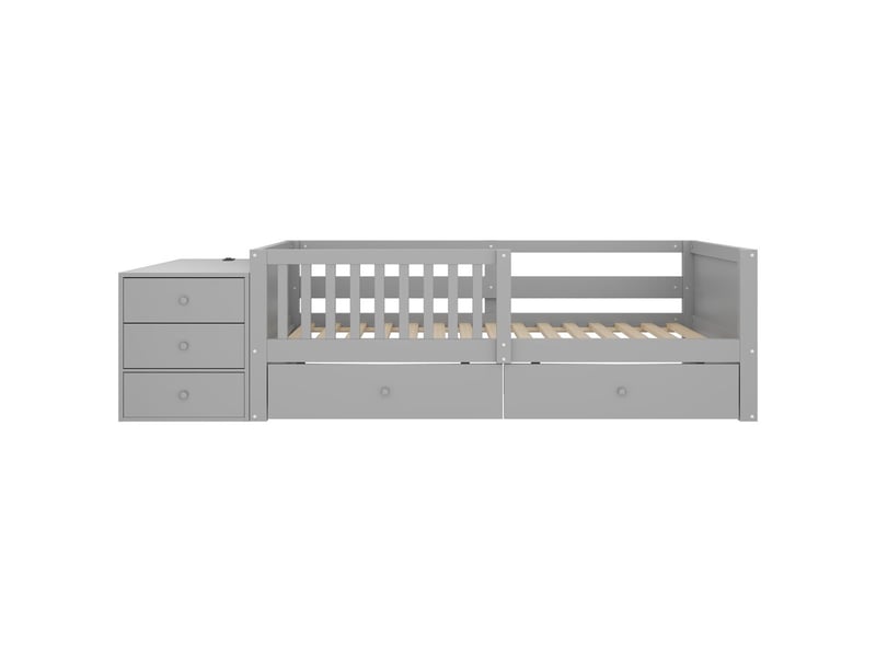 Lit rangement 90 x 200 cm lit simple rangement séparé lit avec tiroirs doubles fonction bureau prise électrique intégrée éclairage led étagères de rangement barrière de sécurité semi-ouverte finition grise - Conforama A
