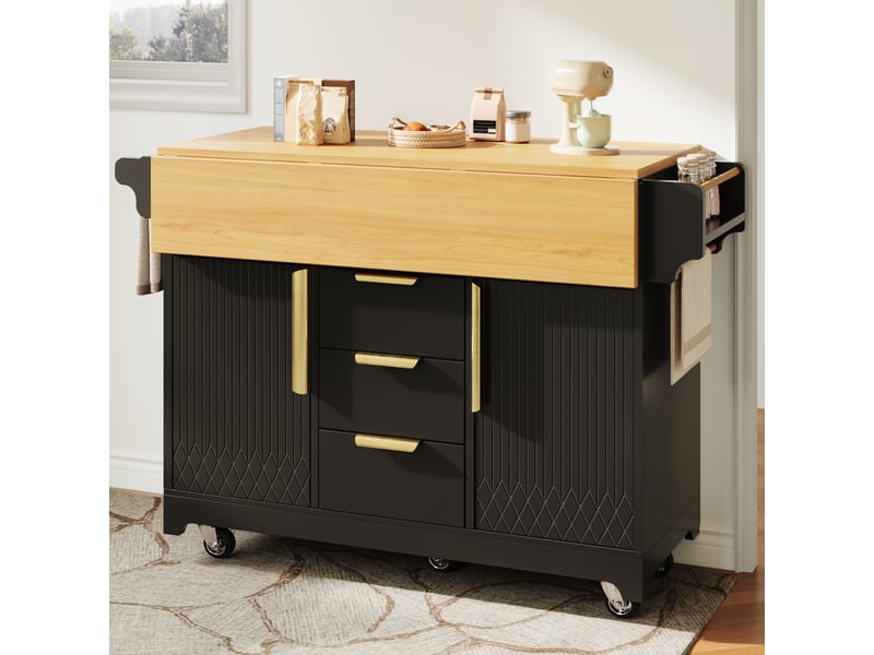  Îlot de cuisine mobile sur roulettes avec plateau extensible rabattable 120-197 cm, 3 tiroirs, rangement intégré et porte-serviettes, design rainuré - noir  - Conforama C