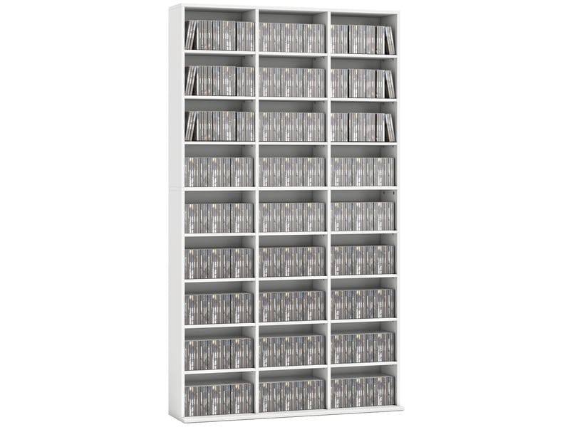  Étagère pour 835 cd ou 500 dvd, étagère pour supports blu-ray avec 27 compartiments et 21 étagères réglables, blanche  - Conforama A