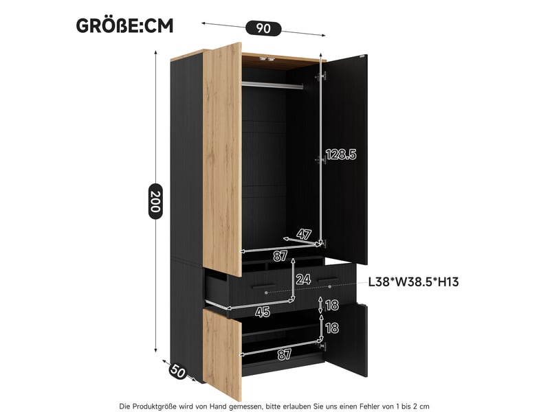  Armoire 2 portes 90 x 50 x 200 cm – noir et naturel – penderie, 2 tiroirs et étagères de rangement  - Conforama C