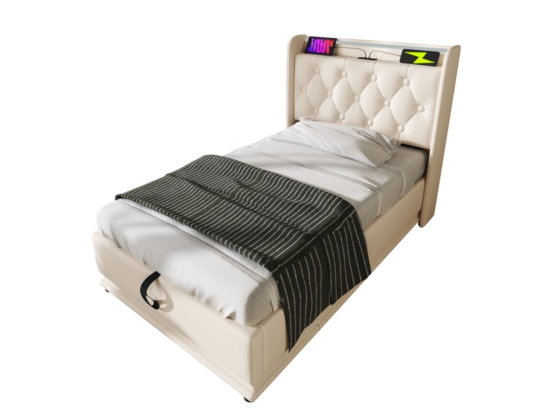  Lit simple 90x200 cm blanc simili cuir, led 360, usb-c, télécommande et coffre hydraulique - sans matelas  - Conforama A