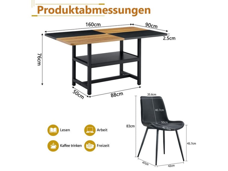  Table à manger - 160 cm - 4 chaises en pu noir - compartiment de rangement intégré - design contemporain  - Conforama D