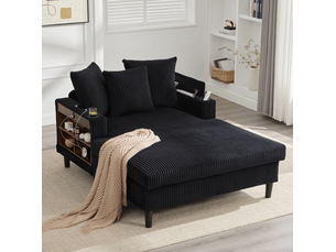 Méridienne en velours côtelé avec led, porte-gobelets, rangement et port usb, noir