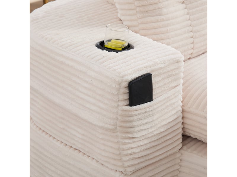  Canapé 2 places en velours côtelé beige avec accoudoirs amovibles et porte-gobelets intégrés  - Conforama W