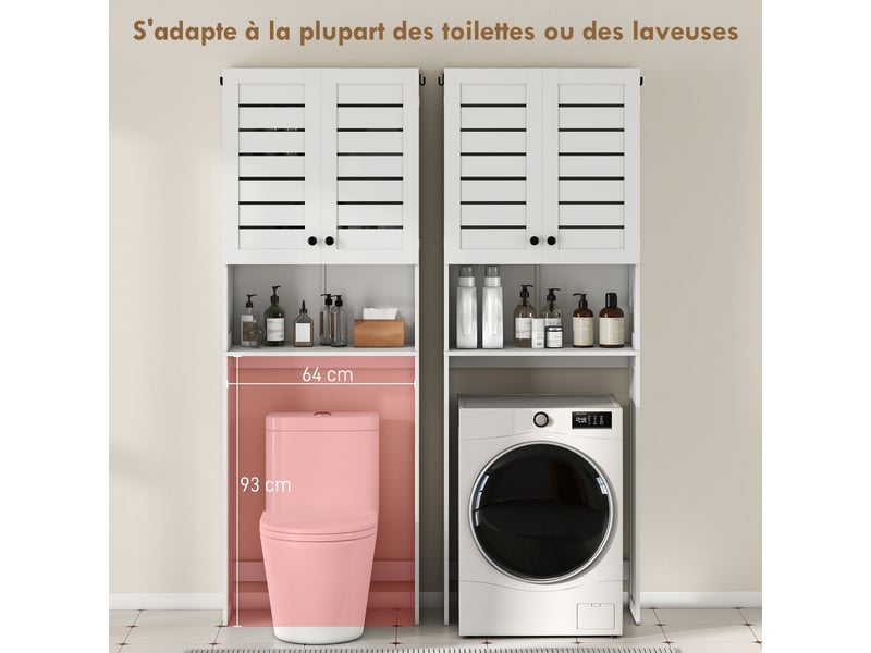  Meuble wc dessus de toilettemachine à laver avec placard à porte double, portes à persiennes, blanc, 67x31,5x190cm  - Conforama R
