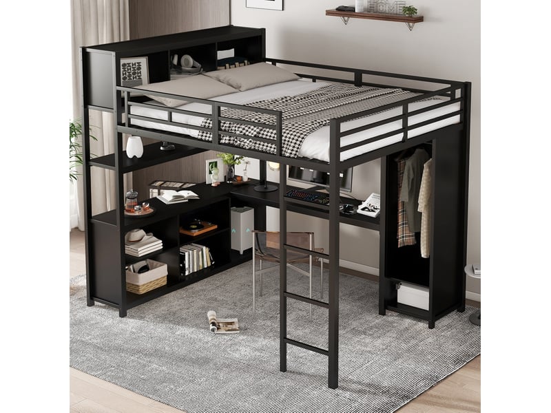  Lit mezzanine 140x200 cm avec bureau, rangements et armoire, métal et panneau de particules, noir sans matelas  - Conforama B