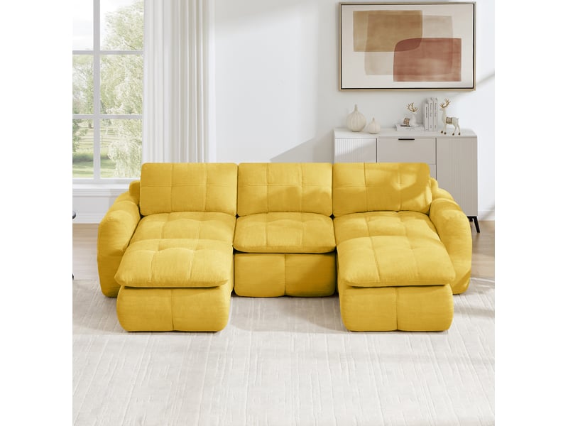  Canapé modulable en u 3 places 264x160x68 cm, sans montage, coussins garnis mousse 32d, 2 poufs, revêtement en chenille, jaune  - Conforama B