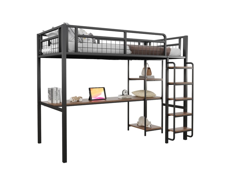 Lit mezzanine enfant 90x200 cm avec table, étagère, garde-corps, escalier, sommier, métal noir, sans matelas - Conforama A