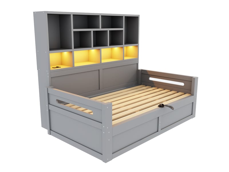  Lit coffre 90x200 cm - lit 1 personne avec rangement - tête de lit led - prises - étagères - gris  - Conforama W