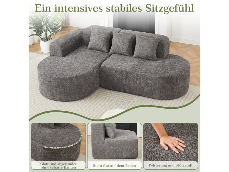  Canapé d’angle en l anthracite avec méridienne gauche, tissu chenille et 3 coussins dossier, design arrondi pour salon  - Conforama E