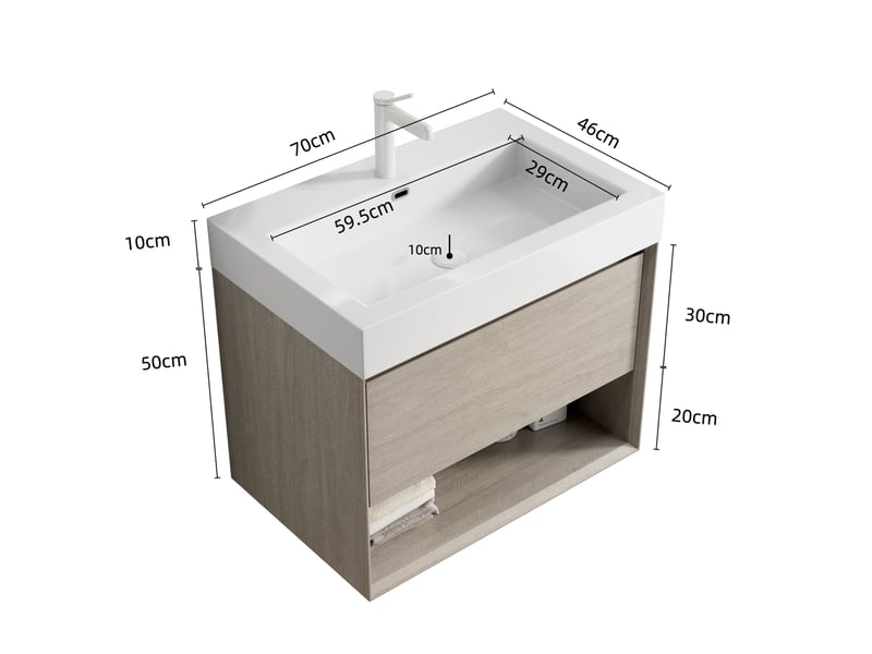 Meuble sous vasque suspendu avec 1 tiroir et niche ouverte pour salle de bain, chêne clair 70 × 46 × 60 cm - Conforama C