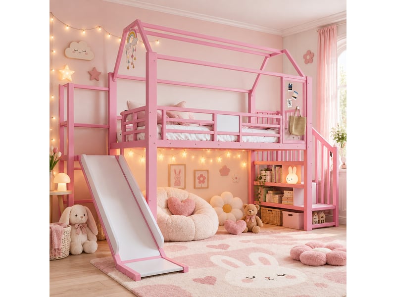  Lit mezzanine 140x200cm avec toboggan et échelle,cabane,design clôture,certifié en747-1,rose  - Conforama B