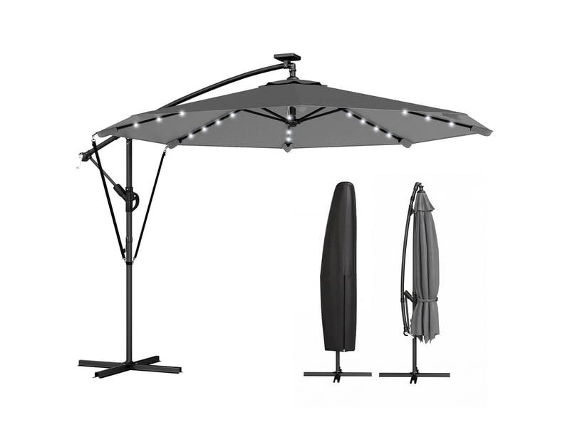  Parasol déporté parasol de jardin led solaire 32 lampes led manivelle uv 50+ et housse de protection ø 295cm gris  - Conforama E